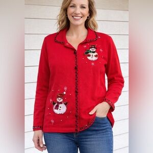 Vintage Hampshire Studio Joy Beaded Cardigan red Ugly Christmas Sweater